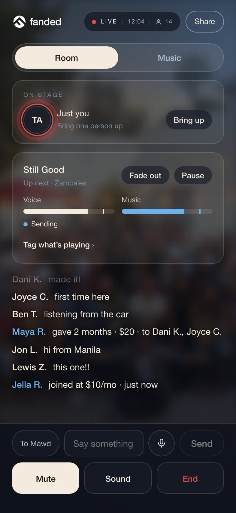 Travis's phone while he's live: the room, the song playing, and who's here chatting