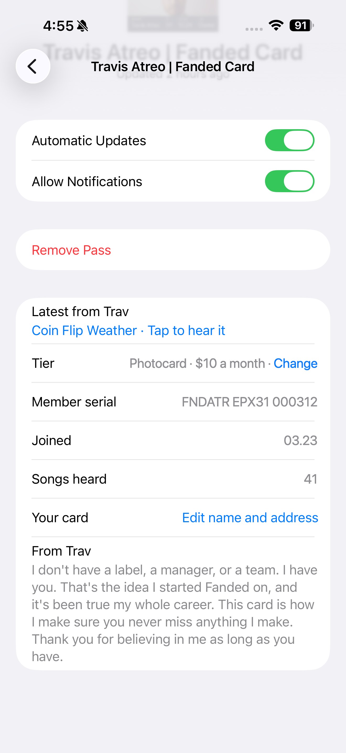 Back of the same card: latest song, tier, member serial, joined, songs heard