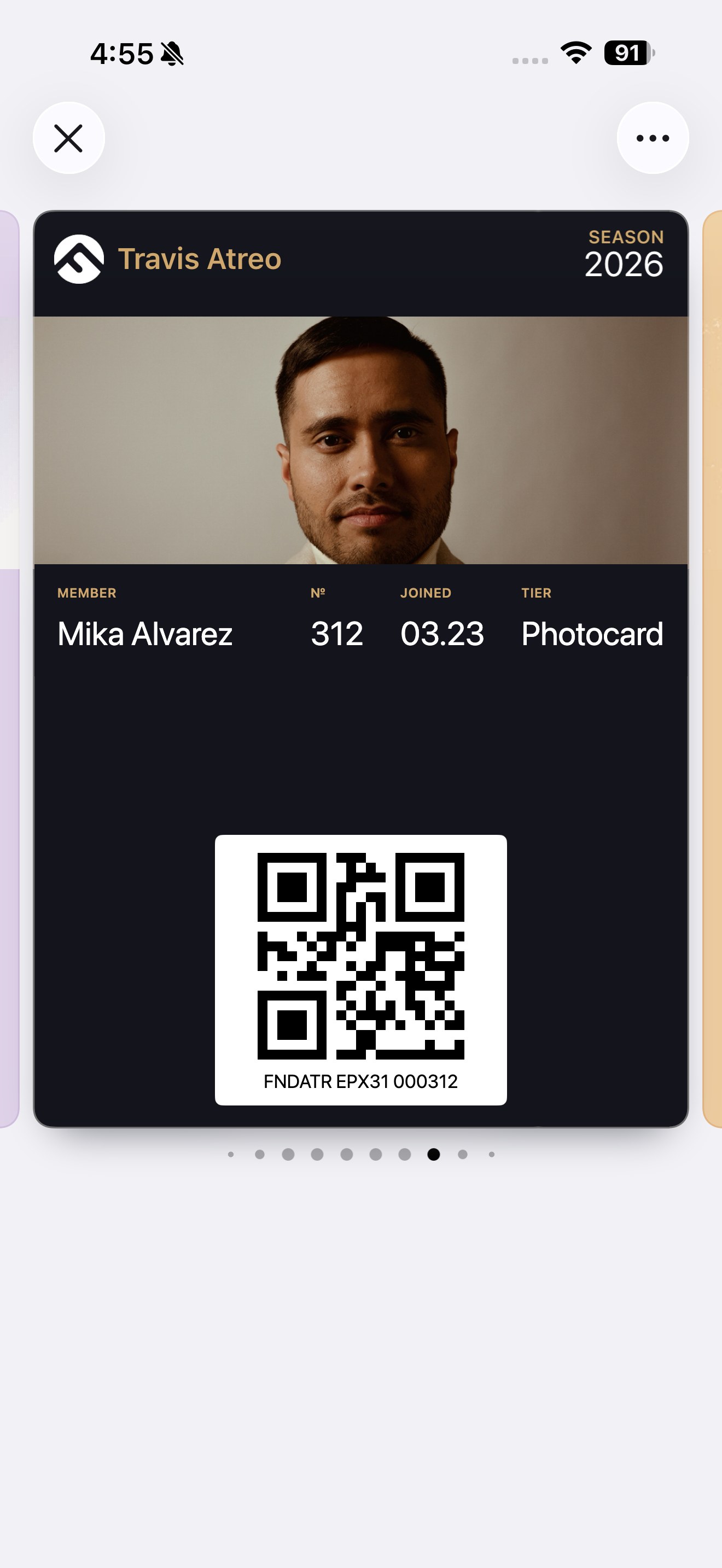 Front of a Travis Atreo Fanded card in Apple Wallet