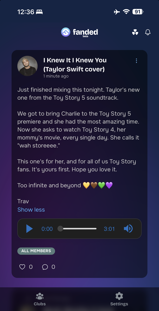 A new song posted to Travis Atreo's Fanded card, cardholders hear it first