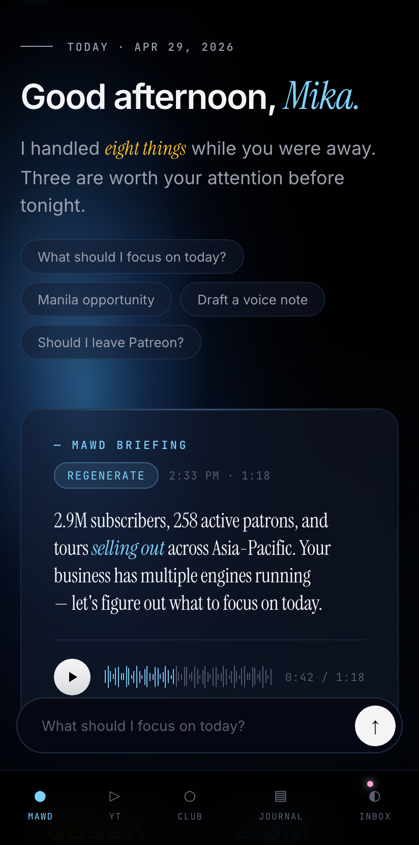 MAWD's daily briefing screen
