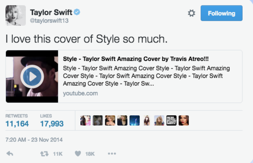Taylor Swift tweeting: I love this cover of Style so much. Linking Travis Atreo's cover. 11,164 retweets, 17,993 likes, 23 Nov 2014
