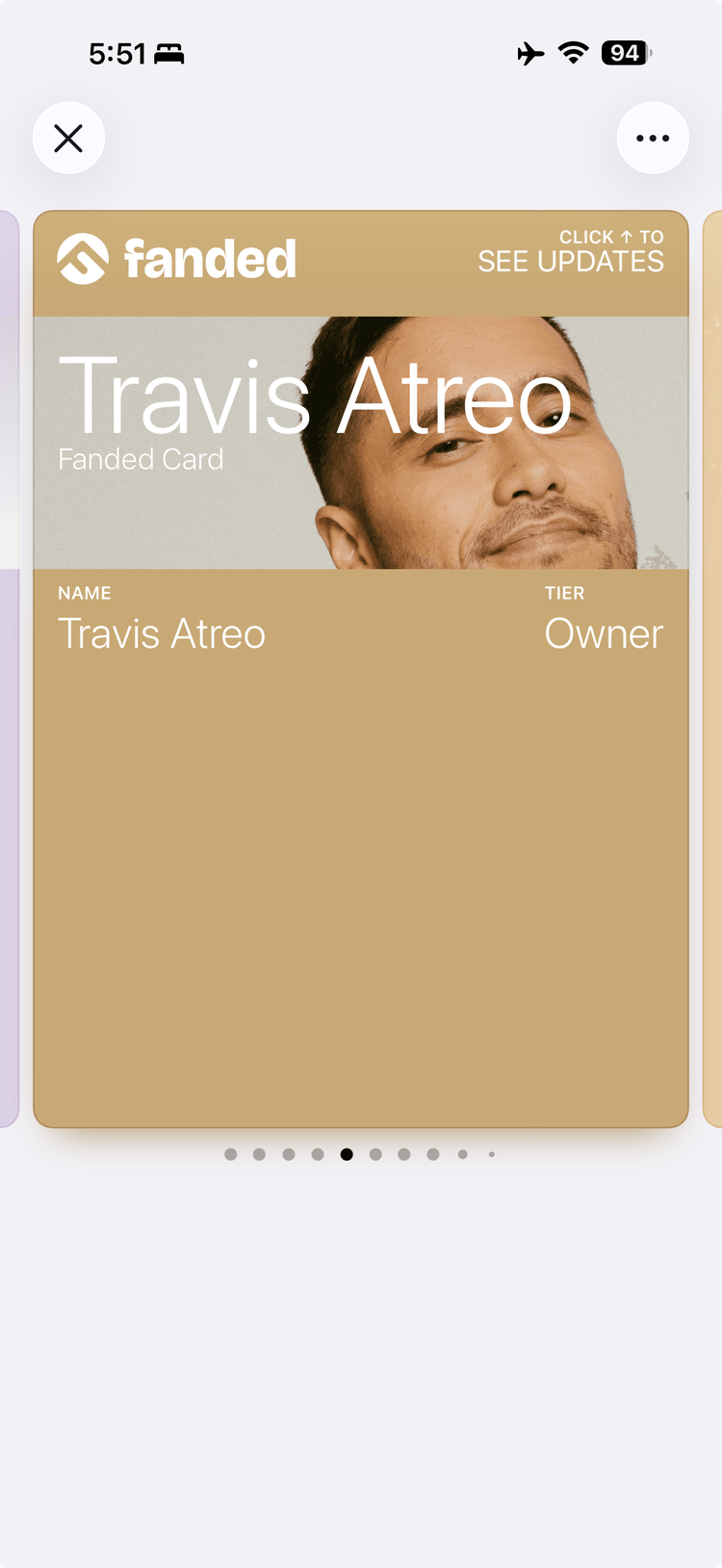 Travis Atreo&rsquo;s own Fanded season pass, open in Apple Wallet on his iPhone